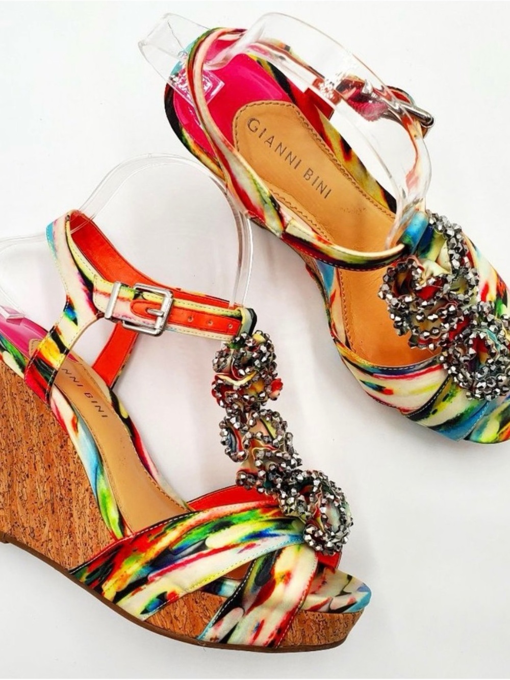 Gianni Bini Multicolor Jeweled Cork Wedge Sandals: Size 8